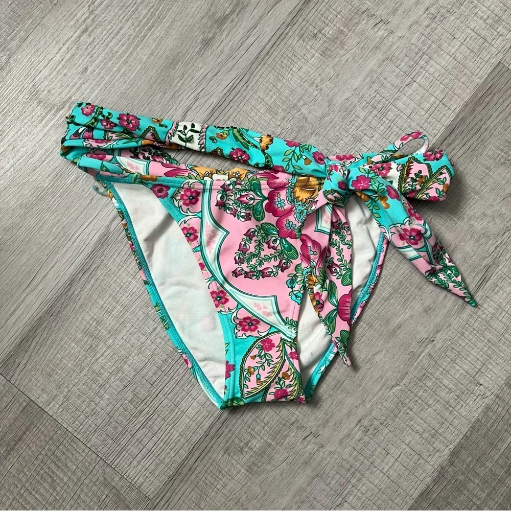 CIA.MARÍTIMA BRASIL Beaded Side Tie Floral Pink Turquoise Bikini Bottom Medium